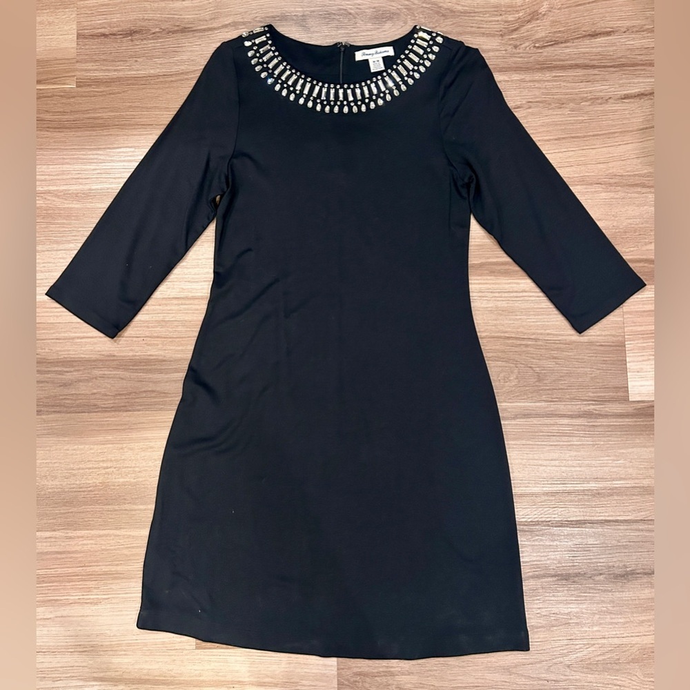 Tommy Bahama Darcy Rhinestone Beaded Black Dress 3/4 Sleeve Medium